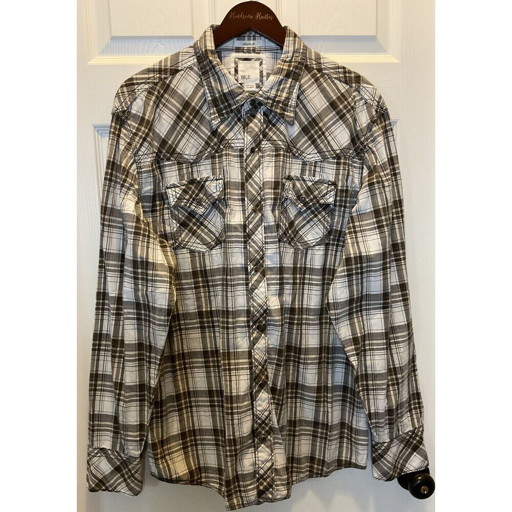 BKE Athletic Fit Mens XL Brown Plaid Button Up Shirt Long Sleeve Western Style